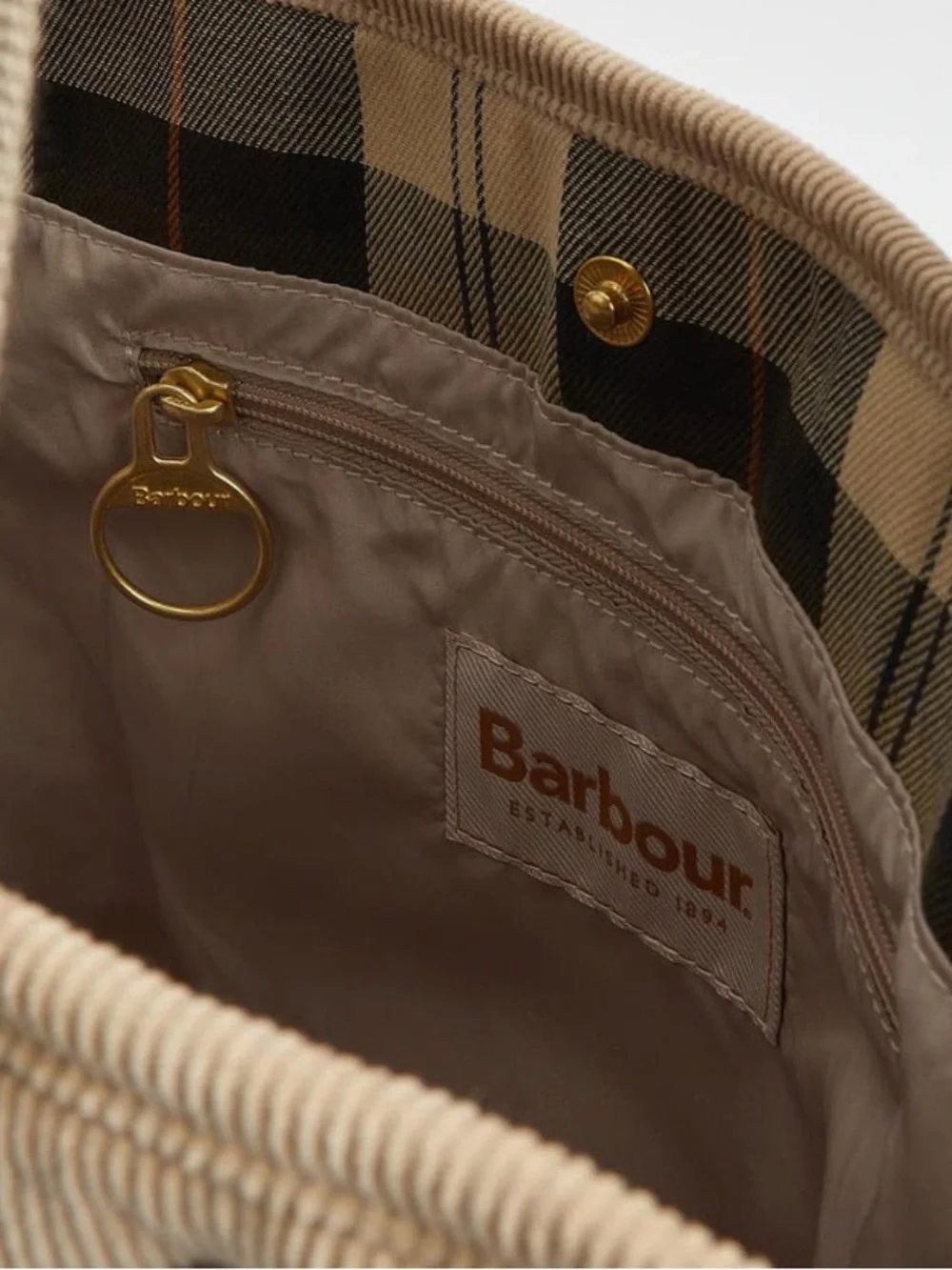 Barbour Quilted Tote Bag Tartan Lined Corduroy Trim Shoulder Bag Beige